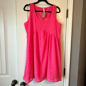 Zenana Hot Pink Textured Swiss Dot Sleeveless Babydoll Dress – Size Medium